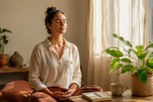 Mujer practicando mindfulness o atención plena en el momento presente