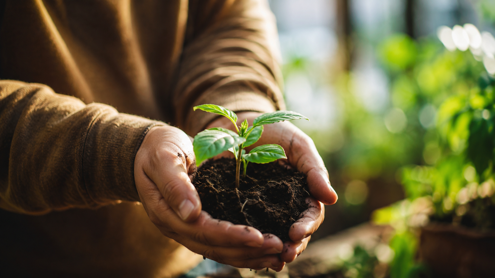 Manos sosteniendo con cuidado un brote de planta creciendo, representando el florecimiento humano que estudia la psicología positiva