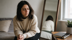 Mujer sentada mirando pensativa junto a un espejo, reflexionando sobre su autoestima y autoimagen