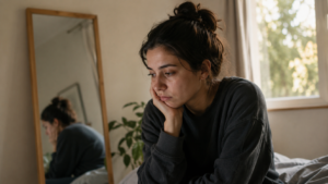 Mujer reflexionando con expresión pensativa, representando el proceso de trabajar la autoestima y el diálogo interno