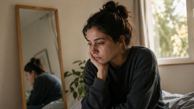 Mujer reflexionando con expresión pensativa, representando el proceso de trabajar la autoestima y el diálogo interno