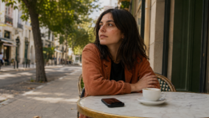 Mujer tomando café al aire libre con el teléfono boca abajo sobre la mesa, eligiendo desconectarse conscientemente de las redes sociales