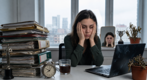 Mujer agotada en su escritorio de oficina, rodeada de trabajo acumulado, reflejando el agotamiento y la desconexión propios del burnout