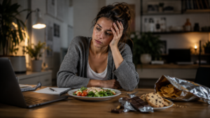 Mujer estresada frente a su laptop, con un plato de ensalada sin tocar junto a snacks dulces y salados, reflejando cómo el estrés cambia las decisiones alimentarias