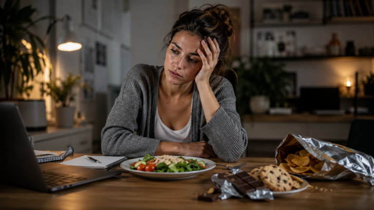 Mujer estresada frente a su laptop, con un plato de ensalada sin tocar junto a snacks dulces y salados, reflejando cómo el estrés cambia las decisiones alimentarias