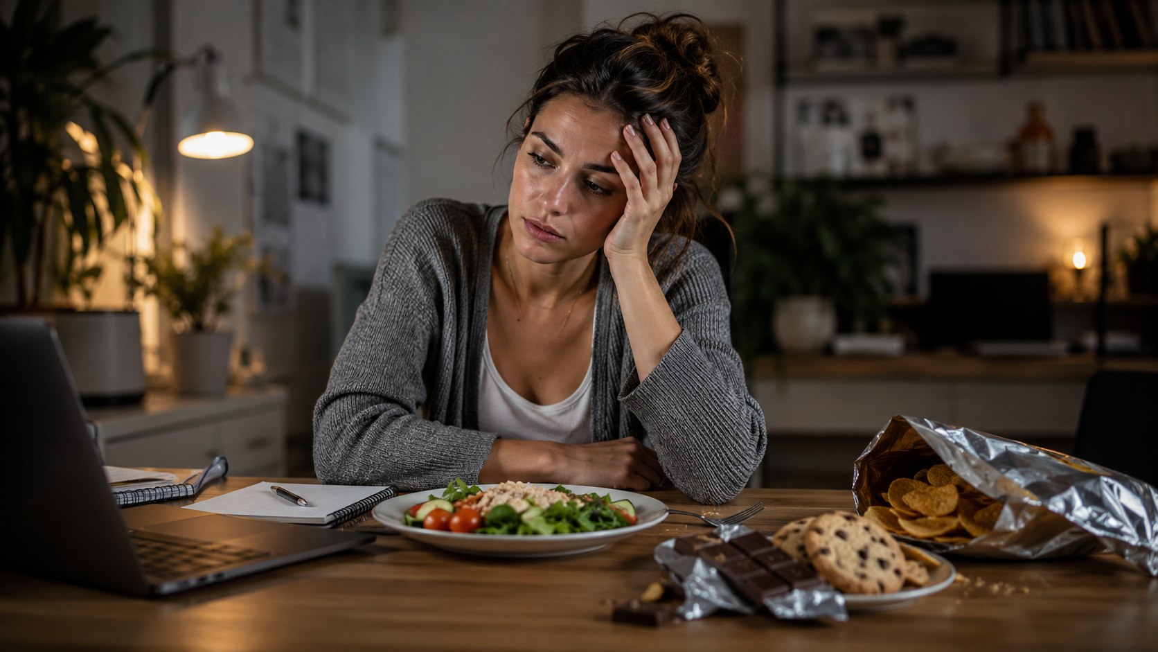 Mujer estresada frente a su laptop, con un plato de ensalada sin tocar junto a snacks dulces y salados, reflejando cómo el estrés cambia las decisiones alimentarias