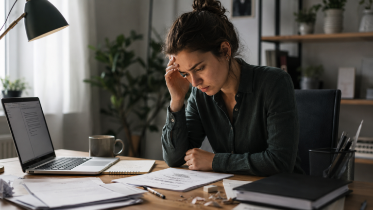 Mujer revisando papeles con correcciones y borradores desechados, mostrando la autoexigencia del perfeccionismo