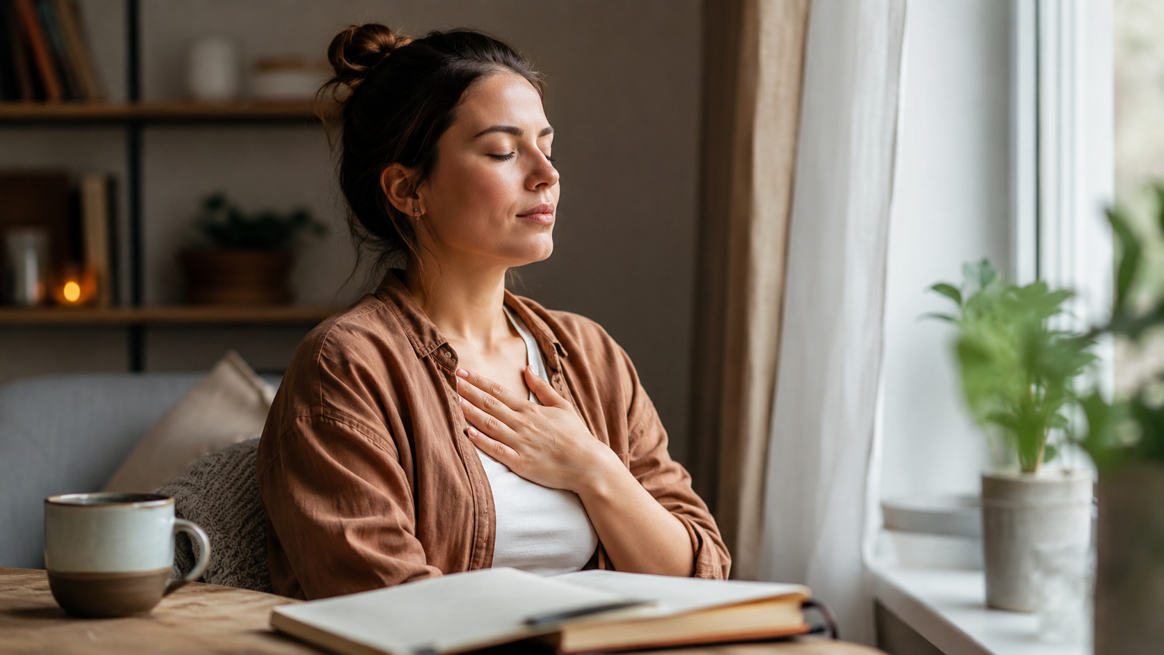 Mujer practicando respiración consciente con la mano en el pecho como técnica de regulación emocional
