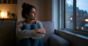 Mujer sentada mirando por la ventana con expresión distante, reflejando la desconexión emocional típica del TEPT