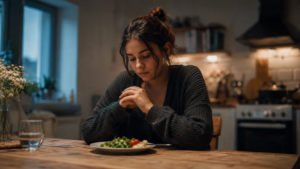 Mujer sentada frente a un plato de comida con expresión distante, reflejando la relación emocional compleja detrás de un trastorno alimenticio