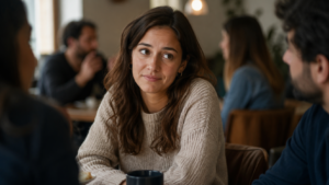 "Mujer sonriendo y asintiendo en una conversación grupal mientras su mirada refleja duda, representando la conformidad social y el conflicto entre lo que piensa y lo que dice"