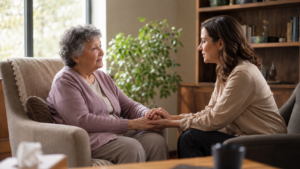 Persona mayor en sesión de terapia, tomada de la mano por su psicoterapeuta en un consultorio cálido, representando el acompañamiento psicológico en la psicogeriatría