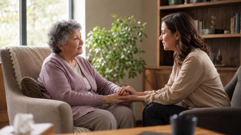 Persona mayor en sesión de terapia, tomada de la mano por su psicoterapeuta en un consultorio cálido, representando el acompañamiento psicológico en la psicogeriatría