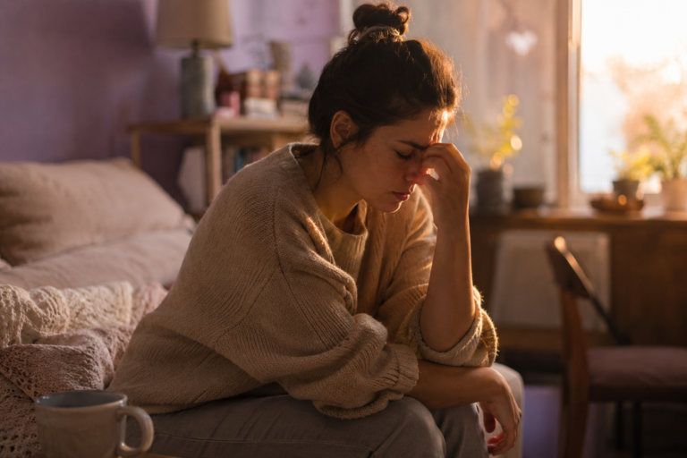 Mujer sentada al borde de la cama en un momento de agotamiento emocional, representando los cambios de humor intensos antes del periodo (TDPM)