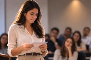 Persona de pie frente a un grupo desenfocado sosteniendo notas con las manos tensas, representando el miedo a hablar en público y la ansiedad social al exponer