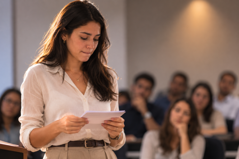 Persona de pie frente a un grupo desenfocado sosteniendo notas con las manos tensas, representando el miedo a hablar en público y la ansiedad social al exponer