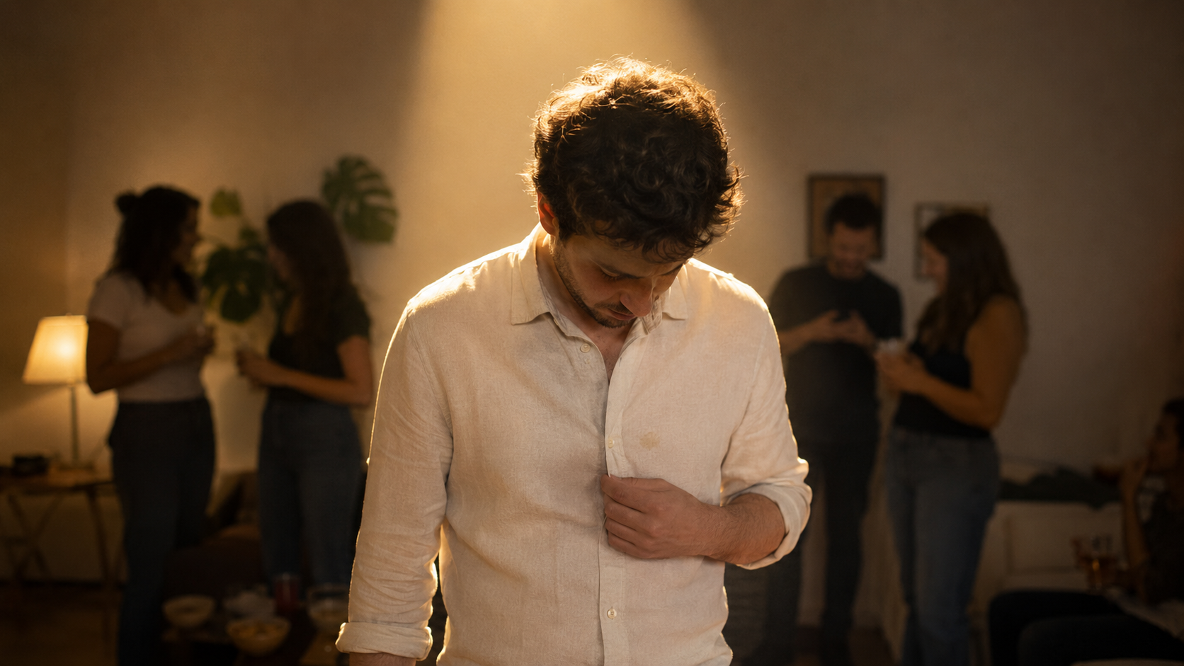 Persona de pie bajo un haz de luz imaginario en una reunión social mientras el resto de los invitados conversa sin prestarle atención, representando el efecto foco y la sobrestimación de cuánto nos observan los demás