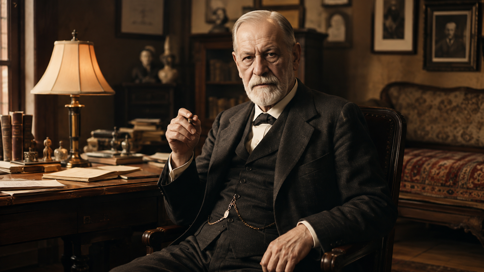Retrato de Sigmund Freud en su consultorio, rodeado de libros, escritorio y diván, representando su biografía y sus aportes al psicoanálisis.