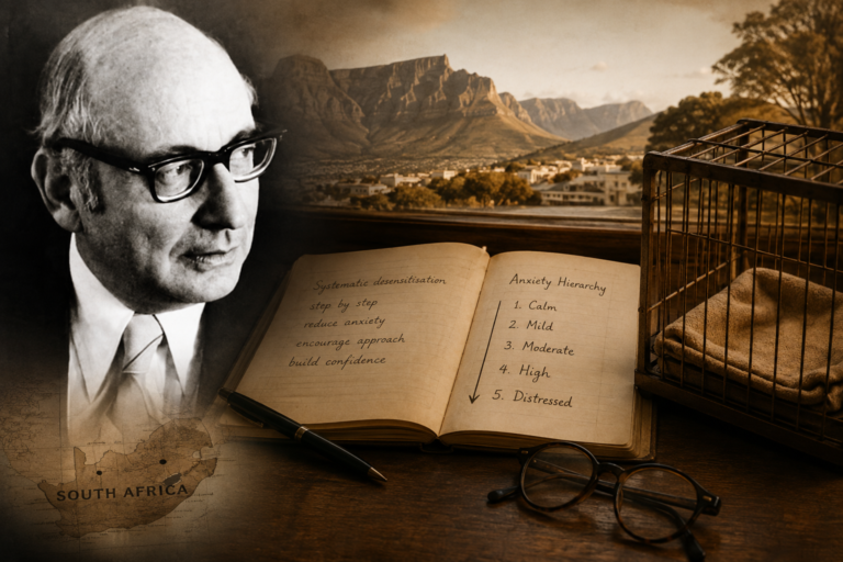 Escritorio de investigación con notas manuscritas y una jerarquía de ansiedad, evocando el trabajo pionero de Joseph Wolpe en la terapia conductual