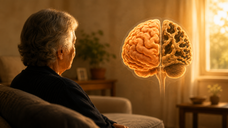 Persona mayor junto a una ilustración de un cerebro mostrando la diferencia entre un hemisferio sano y uno con atrofia, representando el deterioro cerebral en la enfermedad de Alzheimer