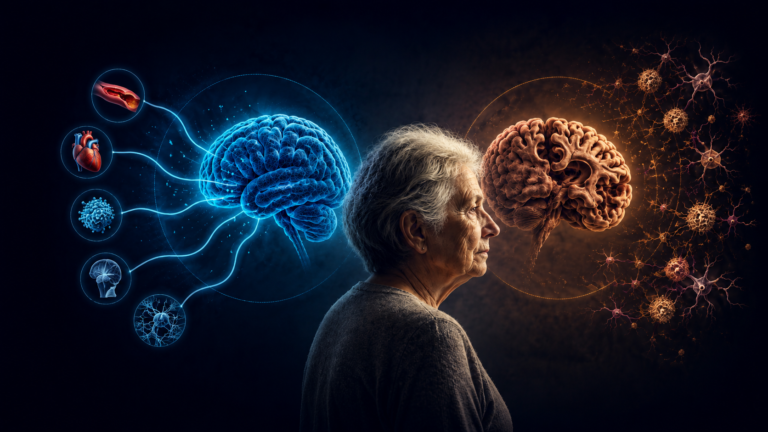 Ilustración conceptual sobre la diferencia entre demencia y Alzheimer, con una persona mayor en el centro, un cerebro azul que representa diversas causas de demencia y un cerebro con atrofia y cambios neuronales asociados al Alzheimer.
