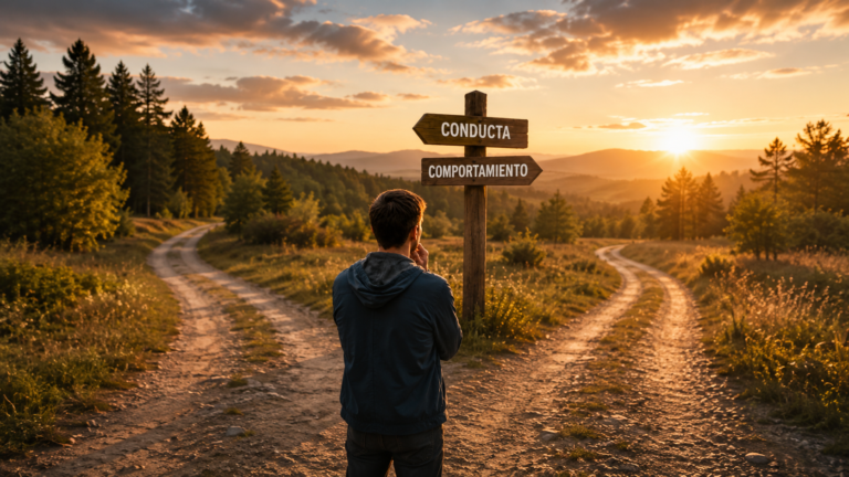 Persona reflexionando sobre sus acciones y reacciones, representando la diferencia entre conducta y comportamiento en psicología.