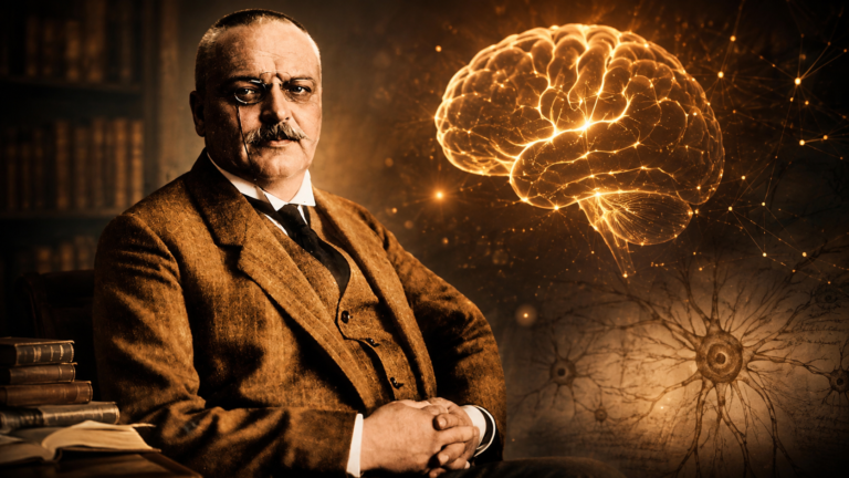 Alois Alzheimer junto a una representación del cerebro humano y conexiones neuronales, en una composición histórica sobre el origen de la enfermedad de Alzheimer.
