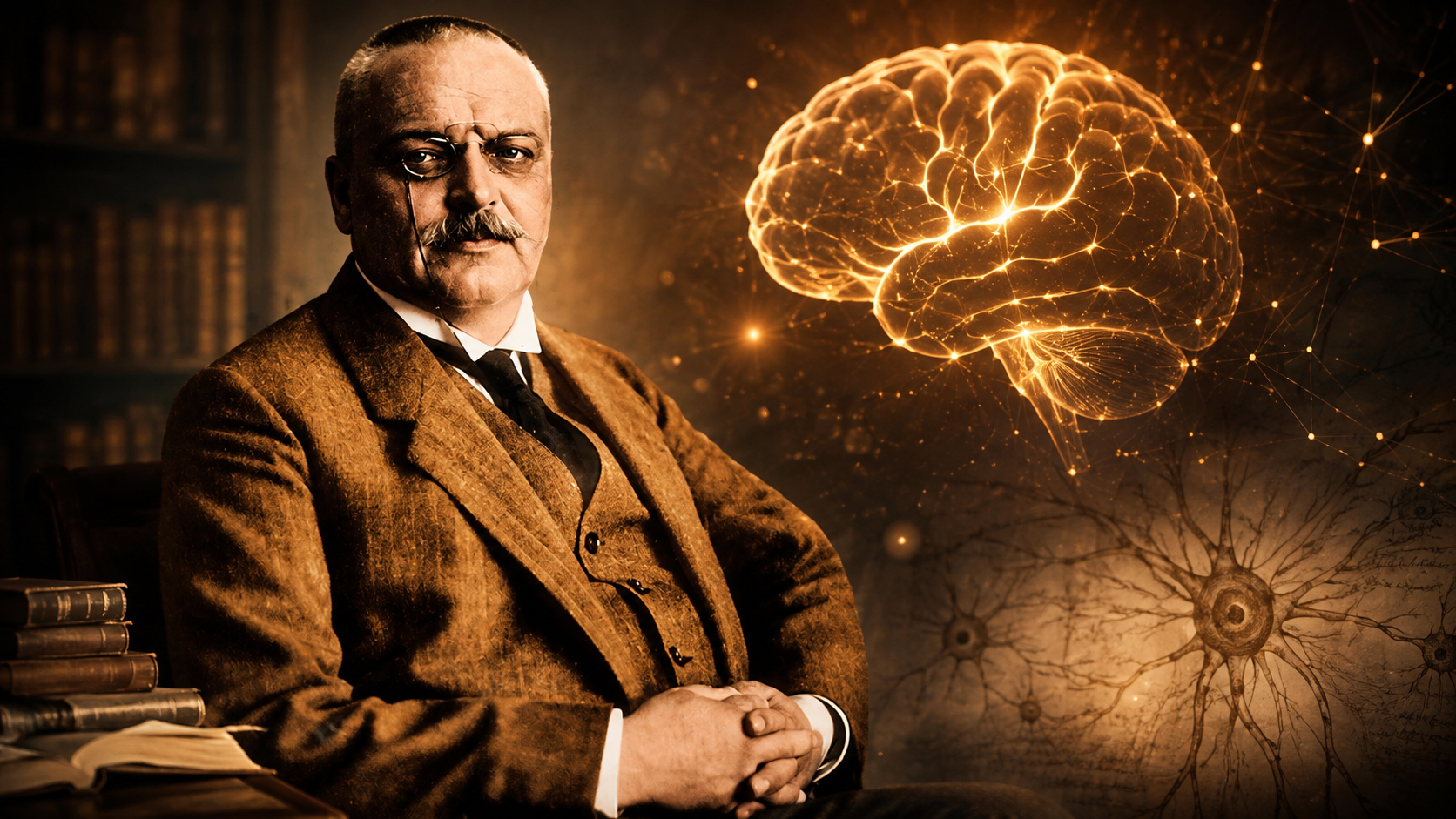 Alois Alzheimer junto a una representación del cerebro humano y conexiones neuronales, en una composición histórica sobre el origen de la enfermedad de Alzheimer.