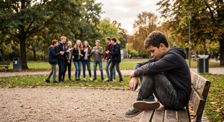 Adolescente sentado solo en primer plano mientras un grupo de compañeros juega y conversa al fondo, representando el aislamiento social y la ansiedad social en jóvenes