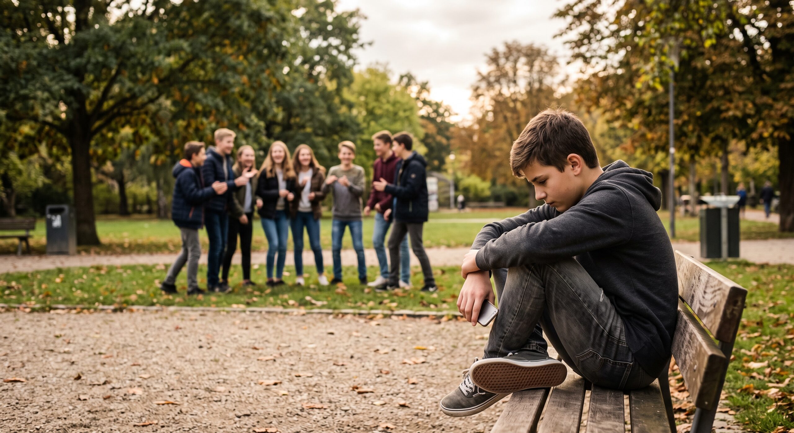 Adolescente sentado solo en primer plano mientras un grupo de compañeros juega y conversa al fondo, representando el aislamiento social y la ansiedad social en jóvenes