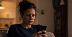 Mujer sentada en el sofá de su sala revisando su teléfono con expresión tensa y preocupada, en un ambiente hogareño tranquilo, representando la ansiedad anticipatoria y la sensación de que algo malo va a pasar