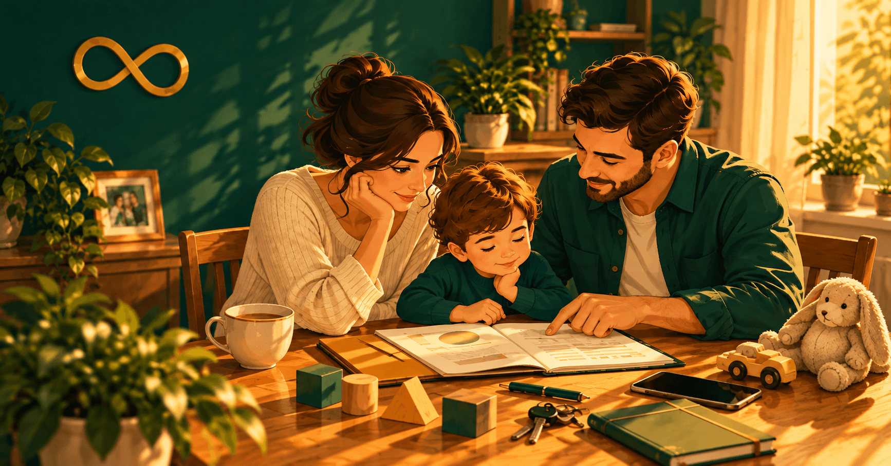 Madre y padre leyendo juntos el informe de evaluación de su hijo en la mesa de casa, con piezas de madera alineadas